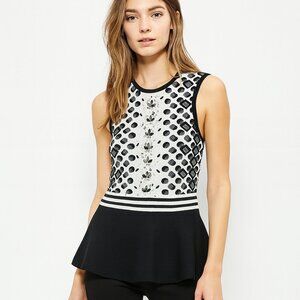 Karen Millen Black White Rhinestone Jacquard Peplum Top S Sleeveless Blouse